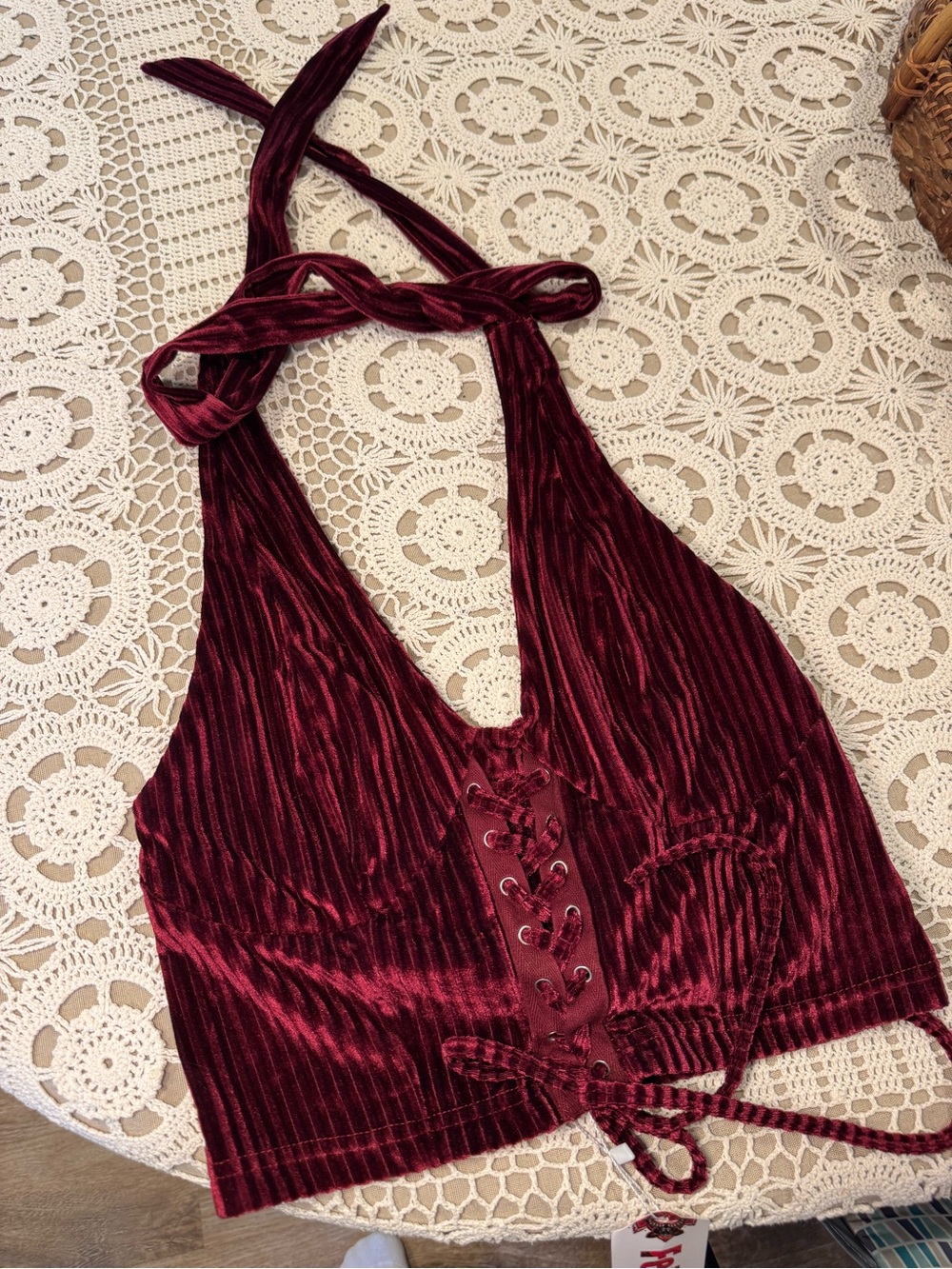 Burgundy Velvet Lace-Up Halter Crop Top by Fejurisi NWT